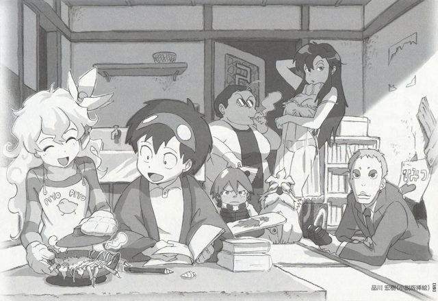 3boys 3girls boota_(ttgl) breasts cleavage crossover flower gimmy_adai goggles goggles_on_head greyscale hair_flower hair_ornament large_breasts leeron_littner maison_ikkoku medium_breasts monochrome multiple_boys multiple_girls nia_teppelin old_coco parody shinagawa_hiroki simon_(ttgl) tengen_toppa_gurren_lagann yoko_littner