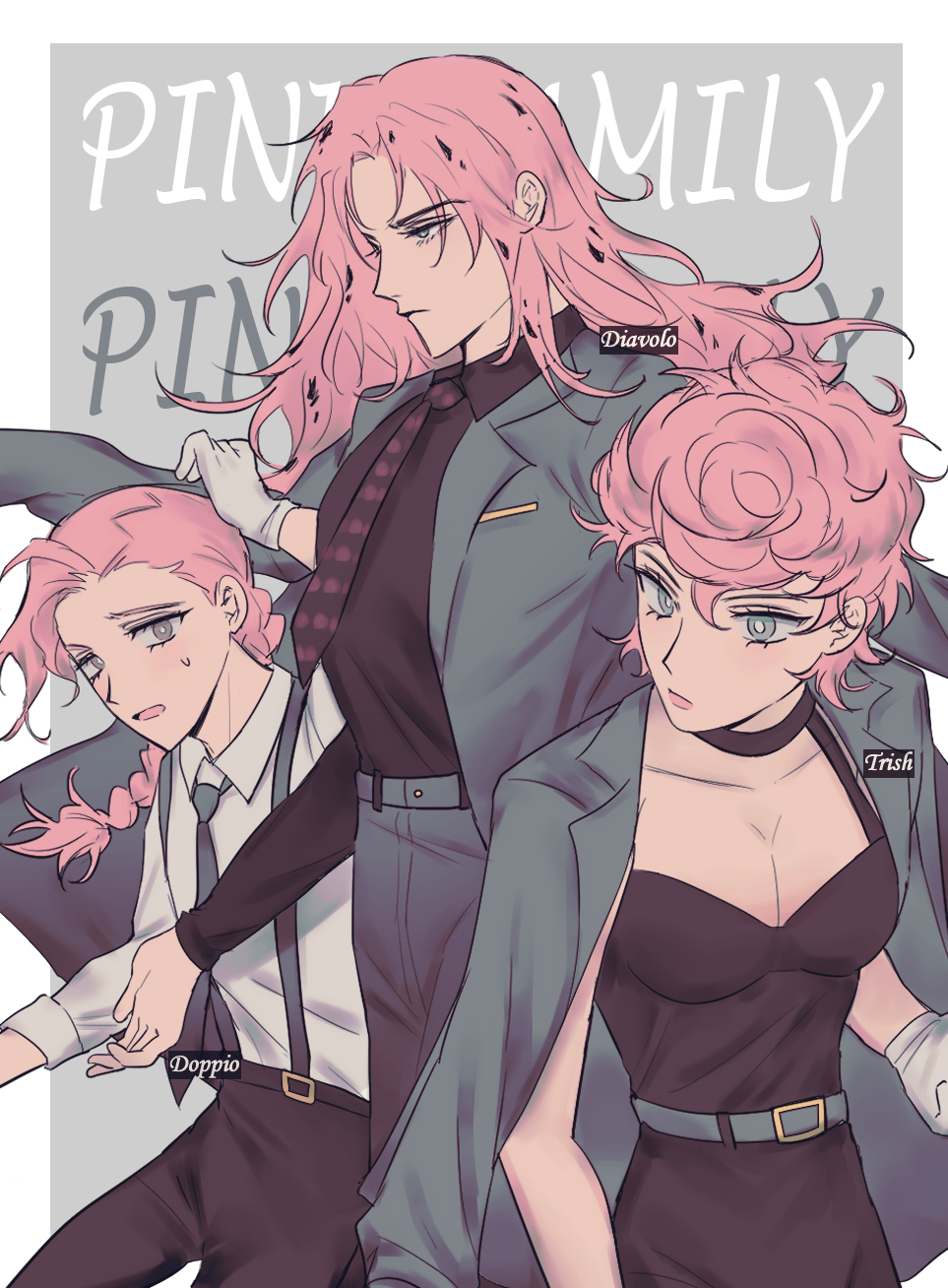 1girl 2boys black_dress black_necktie black_shirt blue_eyes breasts character_name cleavage commentary_request diavolo dress father_and_daughter grey_eyes grey_necktie grey_shirt highres hyeon_0613 jacket jacket_on_shoulders jojo_no_kimyou_na_bouken korean_commentary medium_breasts multiple_boys necktie pink_hair shirt short_hair spotted_hair suspenders trish_una vento_aureo vinegar_doppio