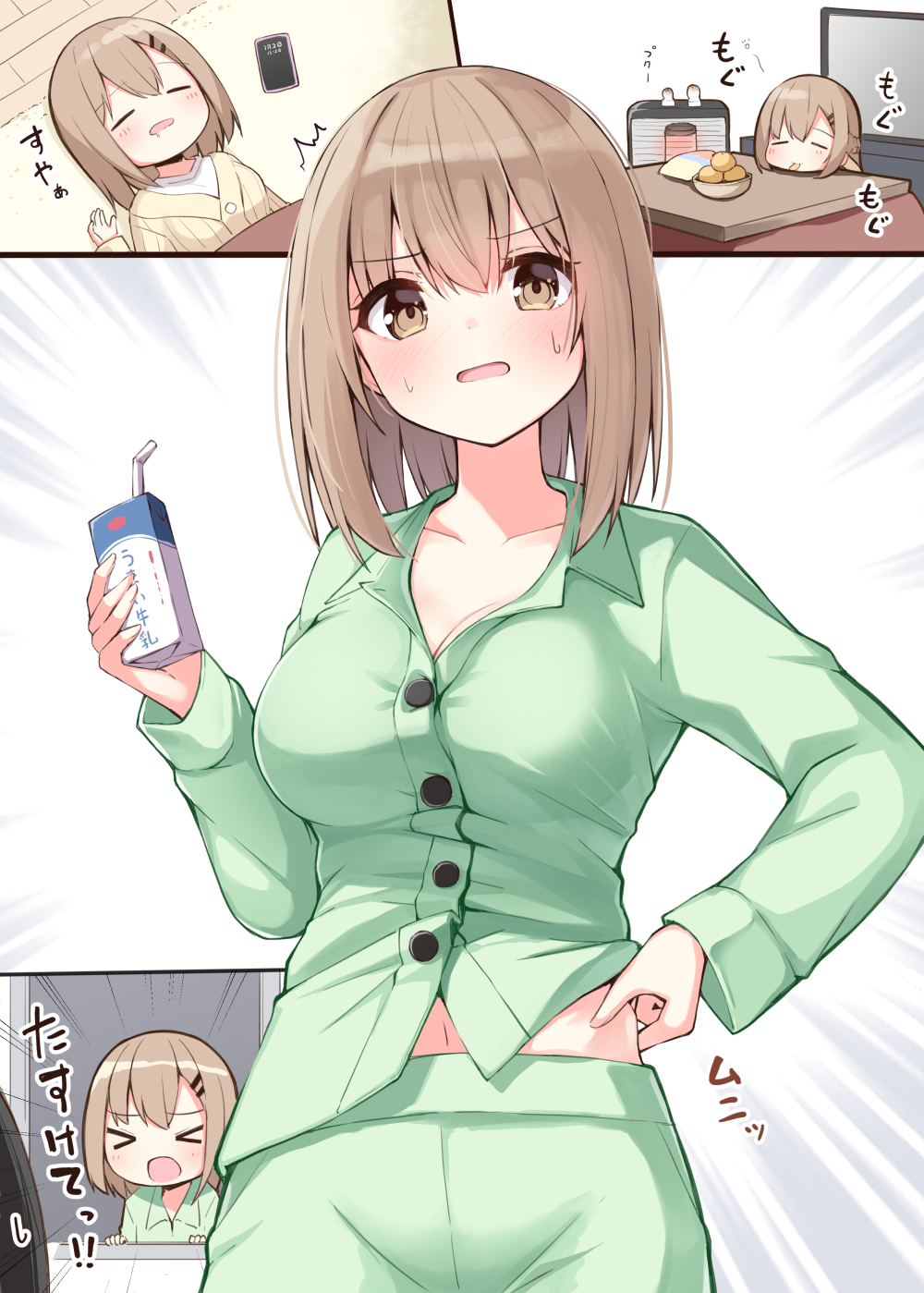 &gt;_&lt; 1boy 1girl ^^^ bendy_straw blush bowl breasts brown_eyes brown_hair brown_jacket cellphone check_translation chibi childhood_friend_(ominaeshi) cleavage closed_eyes closed_mouth collarbone comic commentary_request drinking_straw drooling eating emphasis_lines flat_screen_tv food fruit green_pajamas green_pants green_shirt hair_between_eyes hair_ornament hairclip heater highres holding jacket kotatsu lying mandarin_orange medium_breasts midriff navel ominaeshi_(takenoko) on_back open_mouth open_window original pajamas pants phone saliva shirt sweat table television translation_request under_kotatsu under_table weight_conscious white_shirt window
