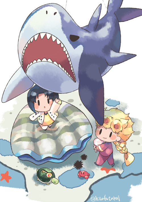 2boys aged_down animal arm_up black_hair blush_stickers braid bruno_bucciarati chibi coco_jumbo crab earrings giorno_giovanna hitofutarai holding holding_animal jellyfish jewelry jojo_no_kimyou_na_bouken key long_sleeves male_focus multiple_boys open_mouth oyster puddle sea_urchin shark smile solid_oval_eyes turtle vento_aureo walking water
