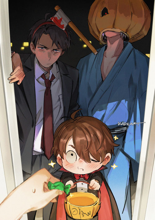 3boys baby blood bucket business_suit candy child cosplay covering_face door doorway dracula facing_viewer father_and_son food formal_clothes gegege_no_kitarou halloween halloween_bucket halloween_costume hand_on_wall happy_halloween headband holding holding_bucket holding_candy holding_food japanese_clothes kadeart kimono kitarou kitarou_tanjou:_gegege_no_nazo long_sleeves looking_at_viewer medama_oyaji_(human) mizuki_(gegege_no_kitarou) multiple_boys neck necktie night night_sky one_eye_closed one_eye_covered open_door parted_bangs pumpkin scar scar_on_face sickle sky staring suit sweat sweatdrop trick_or_treat yukata