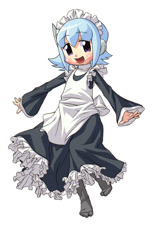 1girl 3ldkm apron black_dress black_eyes blue_hair blush dress female_focus full_body fumimi kei. kei_(bekei) long_sleeves looking_at_viewer maid maid_apron short_hair sidelocks simple_background solo white_background