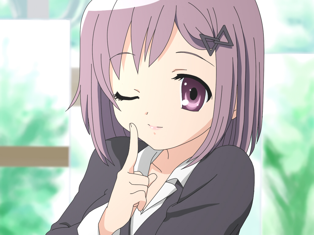 1girl asahina_mikuru female_focus gotou_yuuko kaname_junko mahou_shoujo_madoka_magica mahou_shoujo_madoka_magica_(anime) one_eye_closed parody purple_eyes purple_hair shirosato short_hair solo style_parody suzumiya_haruhi_no_yuuutsu voice_actor_connection wink