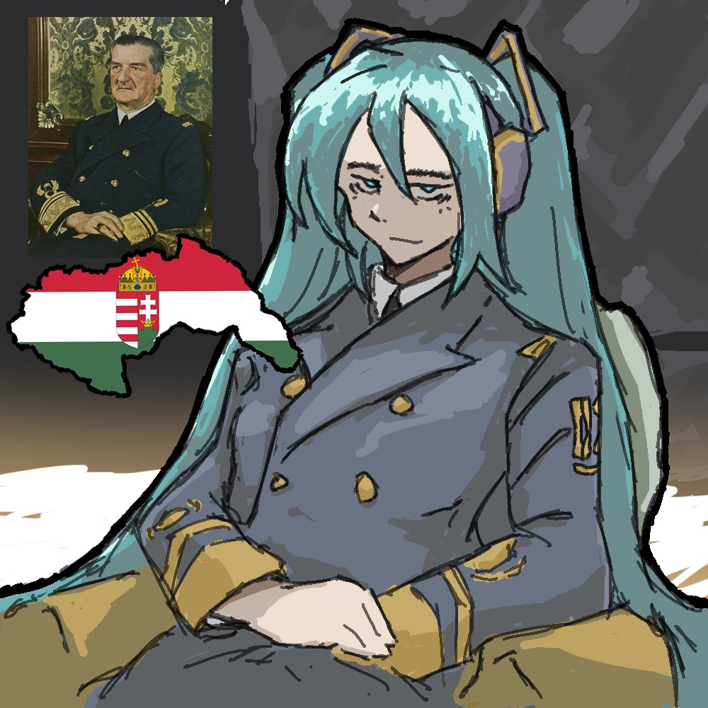 1boy 1girl 5055_d aqua_eyes aqua_hair blue_coat closed_mouth coat cosplay grey_hair hair_between_eyes hatsune_miku historical_name_connection hungarian_flag long_hair looking_at_viewer miklos_horthy miklos_horthy_(cosplay) name_connection old old_man photo_inset scene_reference short_hair sitting smile twintails very_long_hair vocaloid