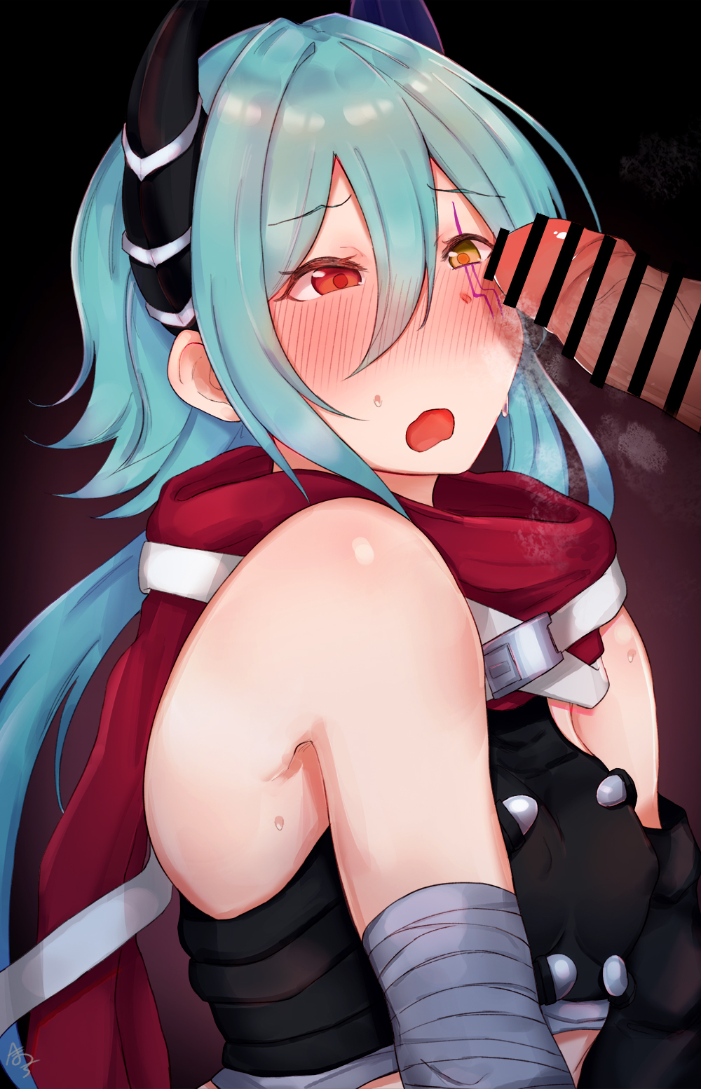 1boy 1girl anna_(princess_connect!) bar_censor blush breasts censored green_eyes hemachi highres long_hair multicolored_eyes penis penis_awe princess_connect! small_breasts