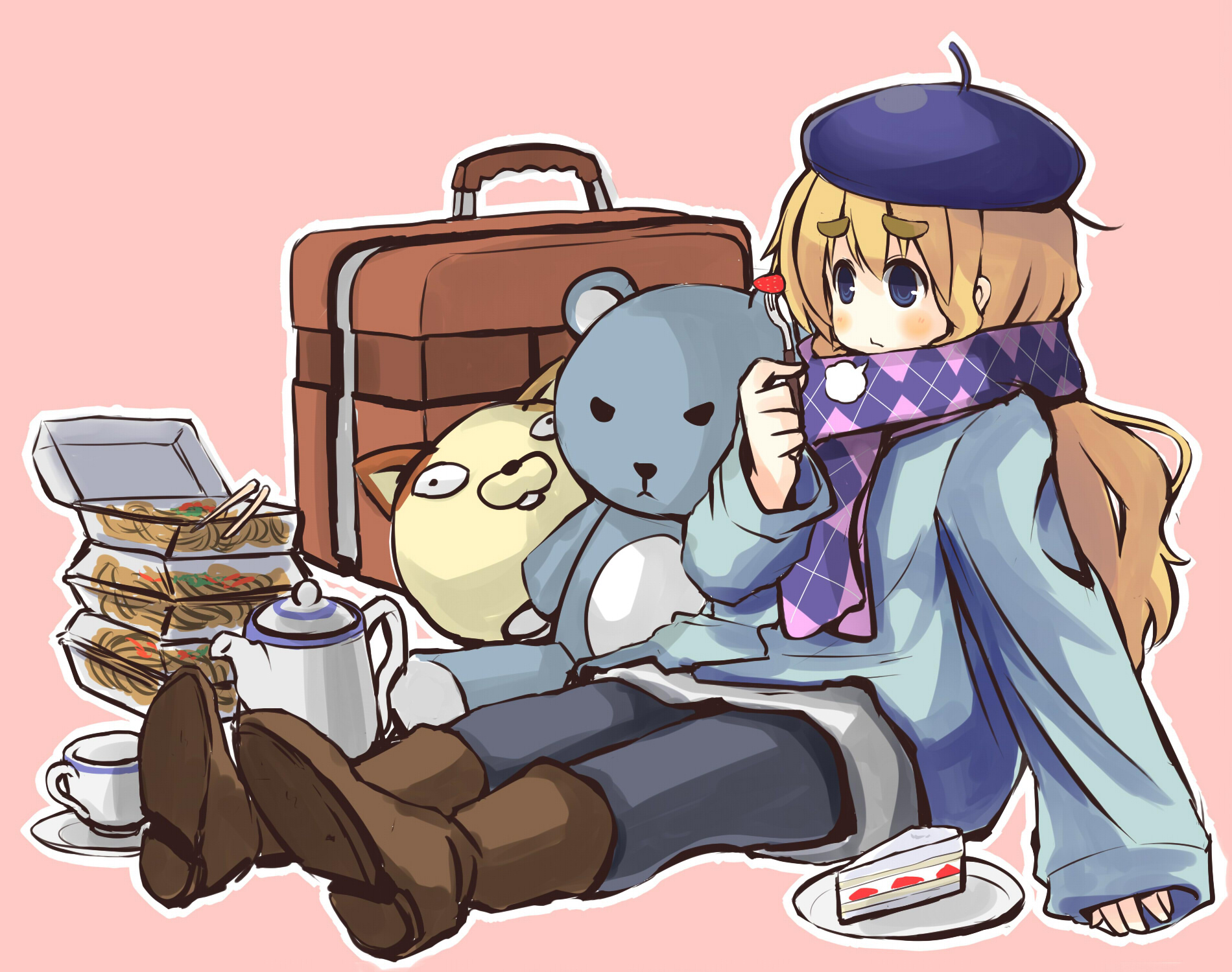 1girl :/ argyle_clothes argyle_scarf beret blonde_hair blue_eyes blush boots brown_boots cake cake_slice chopsticks cup doll enpera eyebrows female_focus food fork fruit full_body hat highres holding holding_fork jacket k-on! k-on!_movie kotobuki_tsumugi long_hair long_sleeves luggage noodles pants pink_background plate purple_scarf saucer scarf shoe_soles shouma_keito simple_background sleeves_past_wrists solo strawberry stuffed_animal stuffed_toy suitcase sweater teacup teapot teddy_bear thick_eyebrows trunk winter_clothes