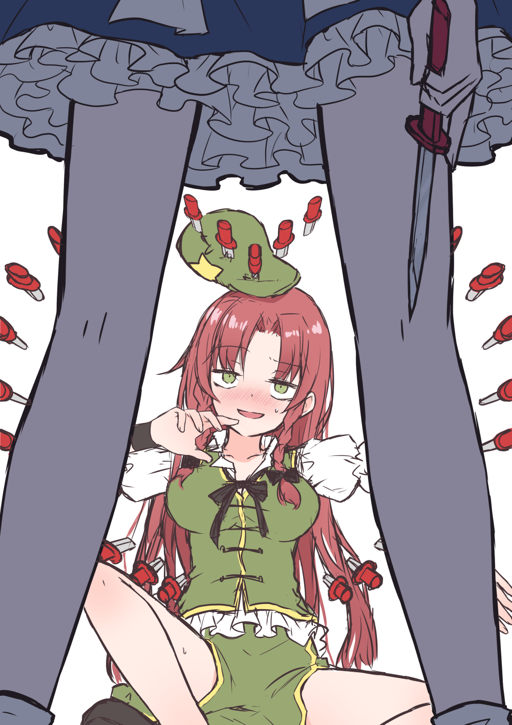 2girls ahase_hino between_legs black_bow blue_dress blush bow braid braided_sidelock collarbone dress frilled_dress frills green_eyes green_hat green_shirt hair_bow hat highres holding holding_knife hong_meiling implied_yuri izayoi_sakuya knife legs long_hair looking_at_another multiple_girls parted_lips puffy_short_sleeves puffy_sleeves red_hair shirt short_sleeves sitting spread_legs standing touhou twin_braids view_between_legs