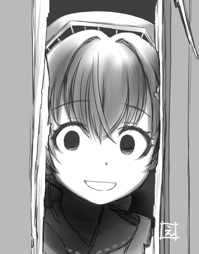 1girl bandana commentary_request crossed_bangs ebifly empty_eyes greyscale hair_between_eyes hair_intakes headgear here&#039;s_johnny!_(meme) jingei_(kancolle) kantai_collection meme monochrome open_mouth parody portrait signature solo the_shining