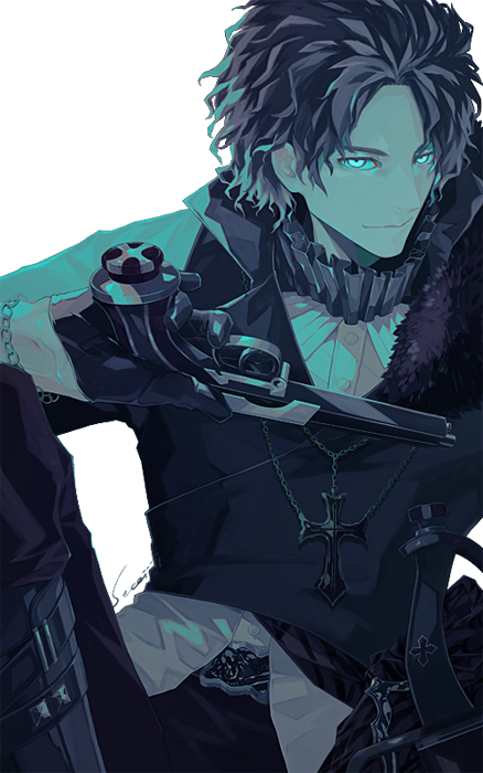 1boy bartholomew_roberts_(fate) black_shirt blue_eyes closed_mouth cross cross_necklace fate/grand_order fate_(series) gun handgun holding holding_gun holding_weapon jewelry looking_at_viewer male_focus necklace sei_8220 shirt short_hair simple_background sitting solo weapon white_background white_shirt