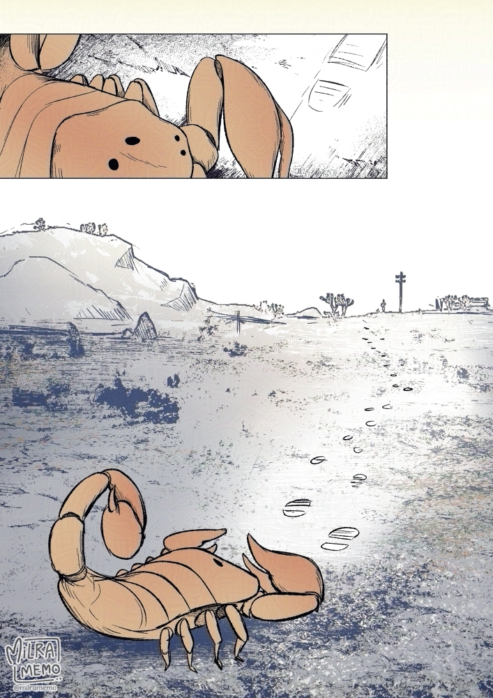 animal animal_focus bark_scorpion cactus day fallout fallout:_new_vegas footprints game_screenshot_background milramemo no_humans outdoors rock scorpion screenshot_background signature twitter_username utility_pole