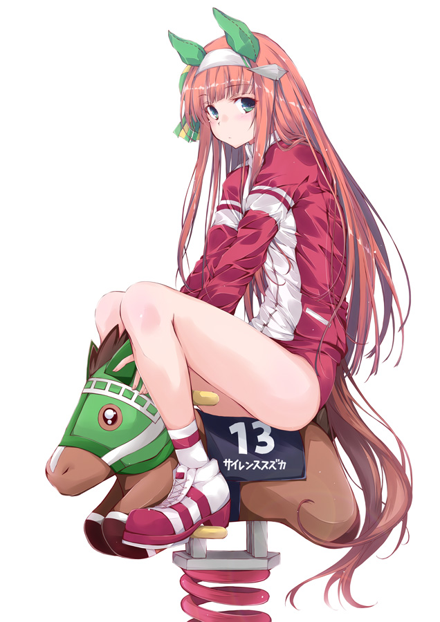 1girl alternate_costume animal_ears bare_legs between_legs blue_eyes blush breasts buruma commentary from_side full_body hair_between_eyes hair_ornament hand_between_legs horse horse_ears horse_girl horse_tail jacket long_hair looking_at_viewer looking_to_the_side shoes silence_suzuka_(racehorse) silence_suzuka_(umamusume) simple_background sitting small_breasts socks solo tail thighs track_jacket umamusume white_background yumesato_makura