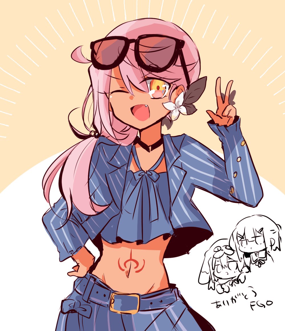 3girls belt chloe_von_einzbern chloe_von_einzbern_(swimsuit_avenger) chloe_von_einzbern_(swimsuit_avenger)_(first_ascension) dark-skinned_female dark_skin eyewear_on_head fang fate/grand_order fate/kaleid_liner_prisma_illya fate_(series) hand_on_own_hip illyasviel_von_einzbern illyasviel_von_einzbern_(swimsuit_archer) illyasviel_von_einzbern_(swimsuit_archer)_(first_ascension) jacket midriff miyu_edelfelt multiple_girls navel one_eye_closed pink_hair saihara skirt stomach_tattoo striped_clothes striped_jacket striped_skirt sunglasses tattoo v yellow_eyes