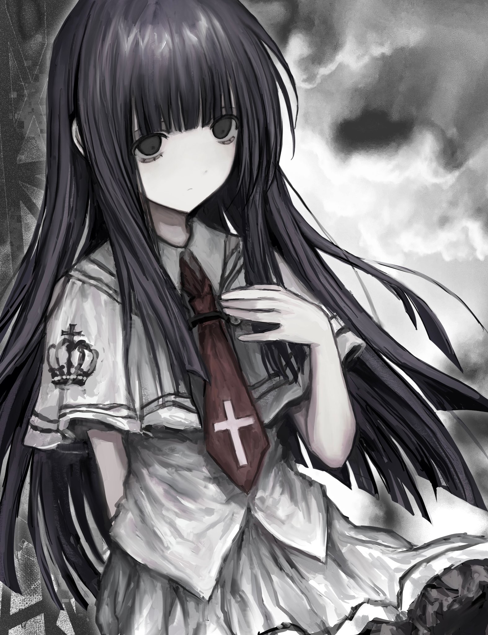 1girl bags_under_eyes black_eyes blunt_bangs chan8016 cloud cloudy_sky cross highres long_hair necktie pale_skin red_necktie skirt sky solo subarashiki_hibi takashima_zakuro