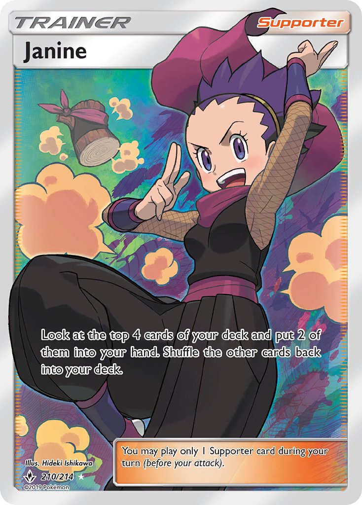 1girl :d arm_up artist_name black_pants black_shirt blush card_(medium) character_name company_name copyright_name copyright_notice english_text eyelashes fishnet_sleeves fishnets forehead game_freak ishikawa_hideki janine_(pokemon) log mile ninja nintendo official_art open_mouth pants pokemon pokemon_card pokemon_hgss pokemon_tcg purple_eyes purple_hair shirt smile solo teeth third-party_source trading_card upper_teeth_only v-shaped_eyebrows