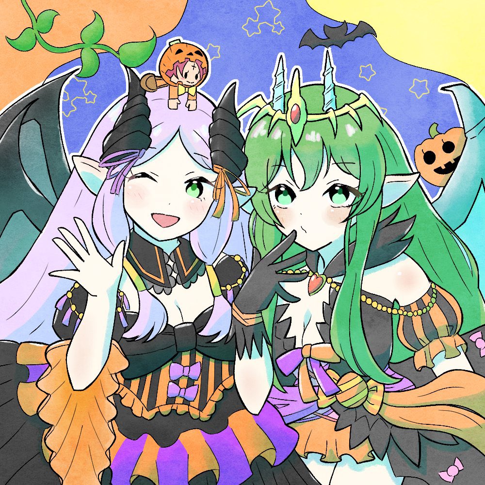 3girls alternate_costume black_gloves breasts candy cleavage corset dragon_girl dragon_horns dragon_wings dress fae_(fire_emblem) fire_emblem fire_emblem:_new_mystery_of_the_emblem fire_emblem:_shadow_dragon fire_emblem:_the_binding_blade fire_emblem_heroes food gloves green_eyes green_hair heart horns idunn_(fire_emblem) idunn_(halloween)_(fire_emblem) light_blush multiple_girls nagi_(fire_emblem) nagi_(halloween)_(fire_emblem) nintendo official_alternate_costume one_eye_closed orange_corset plant pointy_ears pumpkin purple_hair star_(symbol) strapless strapless_dress striped_clothes tiara tuntun_gogo vertical-striped_clothes vines waving wings