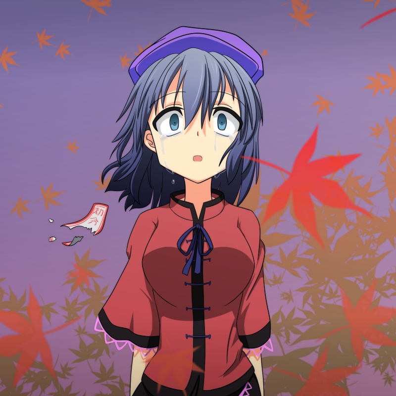 1girl autumn_leaves beret blue_eyes blue_hair cato_(monocatienus) crying crying_with_eyes_open female_focus hat jiangshi leaf maple_leaf matching_hair/eyes miyako_yoshika ofuda ofuda_removed open_mouth shirt short_hair solo symposium_of_post-mysticism tareme tears touhou wide-eyed wind