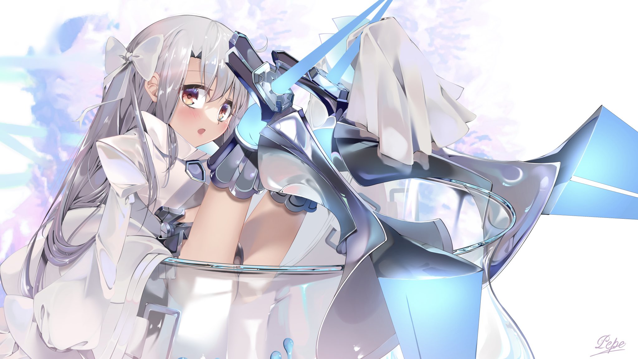 1girl armored_boots blue_eyes blush boots bow bowl breasts cosplay cropped_jacket fate/extra fate/extra_ccc fate/kaleid_liner_prisma_illya fate_(series) glass_bowl hair_bow highres illyasviel_von_einzbern jacket long_hair long_sleeves looking_at_viewer meltryllis_(fate) meltryllis_(fate)_(cosplay) meltryllis_(third_ascension)_(fate) navel open_mouth oversized_object pei_iriya prosthesis prosthetic_leg red_eyes sidelocks sleeves_past_fingers sleeves_past_wrists small_breasts solo white_hair white_jacket