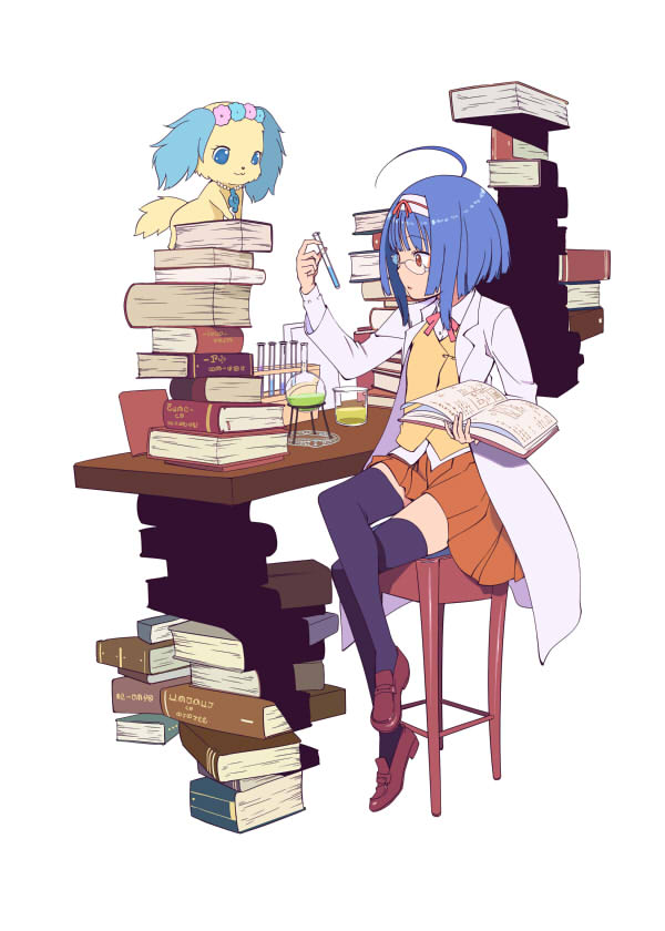 1girl black_thighhighs blue_hair book brown_footwear chair creature glasses hairband jewelpet_(series) jewelpet_twinkle lab_coat orange_skirt purimari red_eyes sapphie_(jewelpet) sara_(jewelpet_twinkle) school_uniform shirt shoes short_hair skirt table thighhighs vest white_shirt yellow_vest