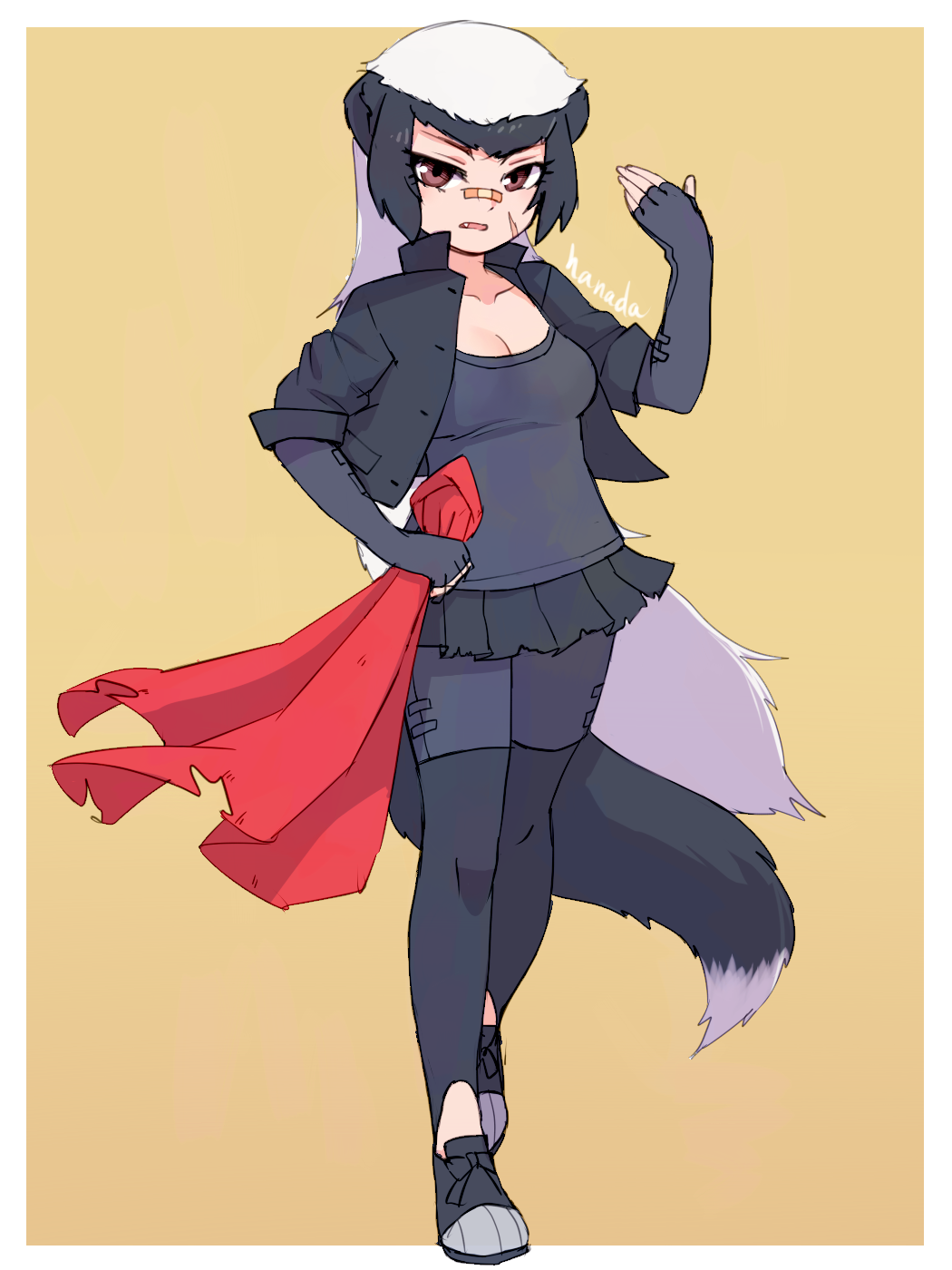 1girl artist_name badger_ears badger_tail bandaid bandaid_on_face bandaid_on_nose black_gloves black_hair black_jacket black_legwear black_shirt black_shorts black_skirt breasts brown_eyes elbow_gloves fang female_focus fingerless_gloves full_body gloves hanada_(cobalt003) hand_up highres jacket kemono_friends long_hair medium_breasts multicolored_hair open_clothes open_jacket open_mouth pleated_skirt ratel_(kemono_friends) scar scar_on_face shirt shorts simple_background skirt solo tail torn_clothes torn_skirt two-tone_hair very_long_hair white_hair yellow_background