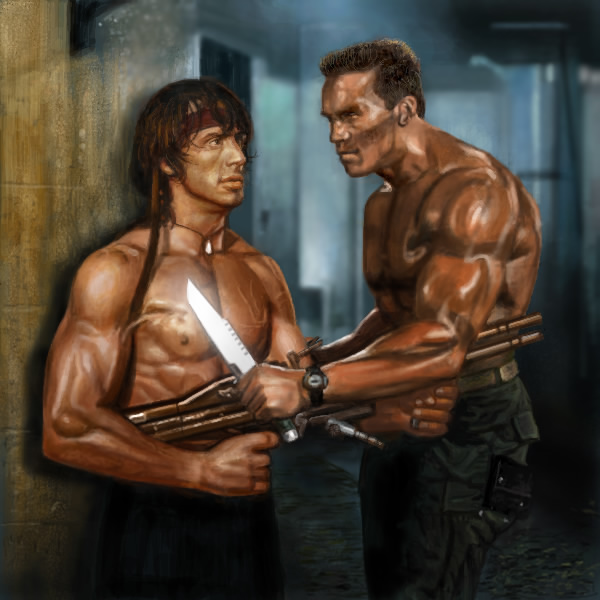1980s_(style) 2boys arnold_schwarzenegger bandana bill_rizer black_hair brown_hair commando_(movie) contra crossover epic gun imminent_rape knife lance_bean lips long_hair m60_(machine_gun) machine_gun male_focus manly multiple_boys muscular nipples oldschool parody rambo realistic retro_artstyle short_hair sylvester_stallone toshi_(hokkaido2015) weapon