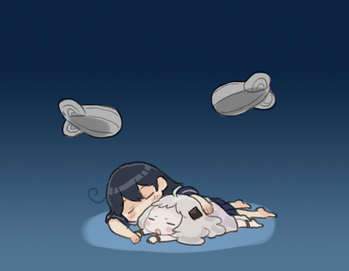 2girls ahoge barrage_balloon black_hair blush_stickers chibi closed_eyes commentary_request dark_background grey_hair hair_ornament holding holding_behind_back kantai_collection kite_balloon lying multiple_girls northern_little_sister saiguchi_otoufu school_uniform serafuku sleeping ushio_(kancolle)