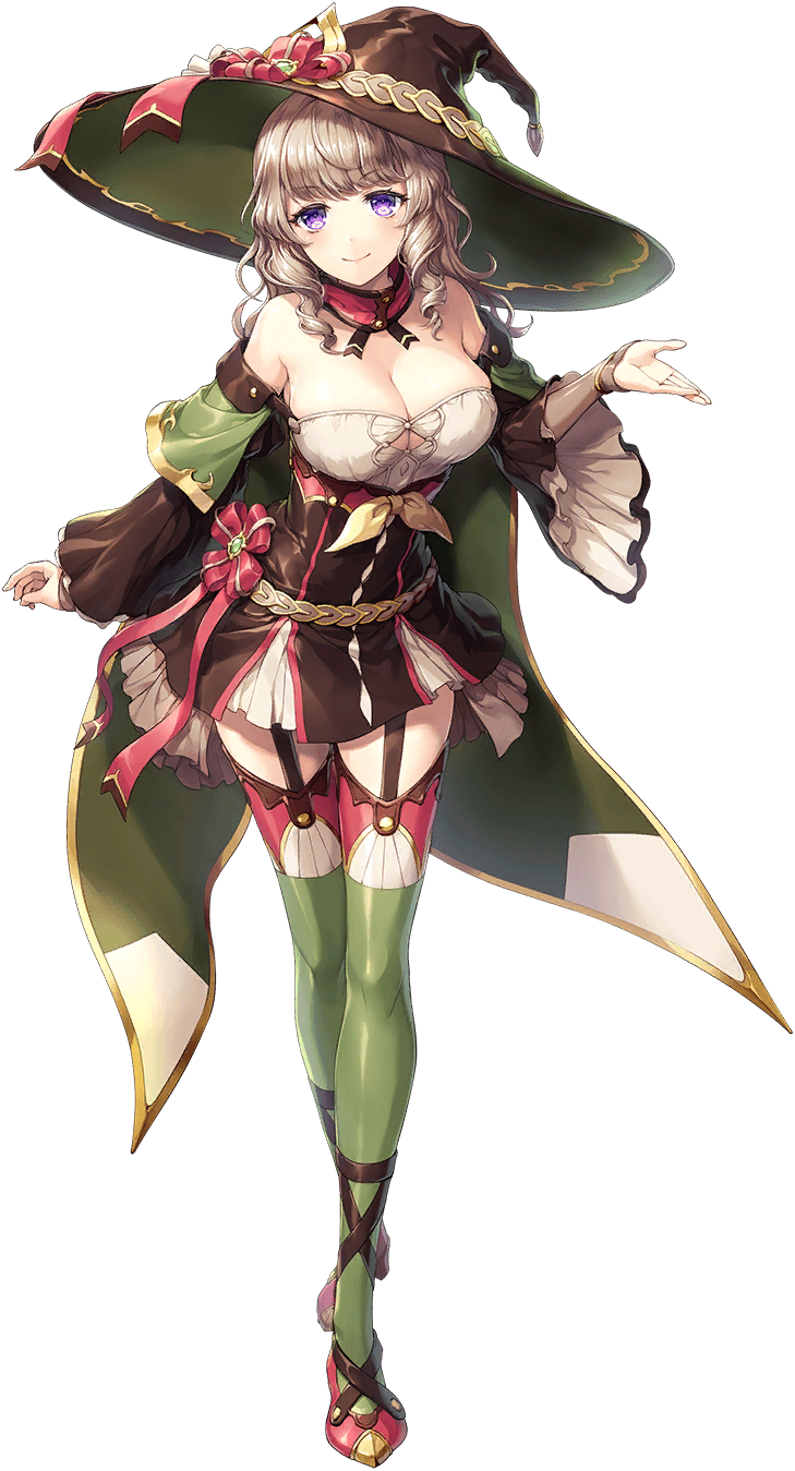 1girl artist_request bare_shoulders breasts cleavage eri_(unitia) full_body game_cg garter_straps hat highres light_smile official_alternate_costume official_art purple_eyes solo source_request transparent_background unitia witch_hat