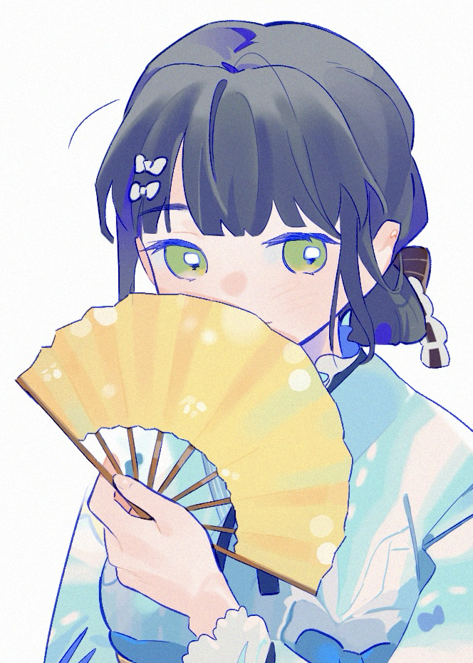 1girl 37.5c_no_fantasy black_hair blue_kimono blunt_bangs bow breasts commentary folding_fan green_eyes hair_bow hair_rings hand_fan holding holding_fan japanese_clothes kimono link!_like!_love_live! long_sleeves love_live! low-tied_hair_ring medium_breasts momose_ginko obi obiage official_alternate_costume pipi_(m1x_mix) sash short_hair sidelocks simple_background solo symbol-only_commentary upper_body virtual_youtuber white_background white_bow yellow_sash