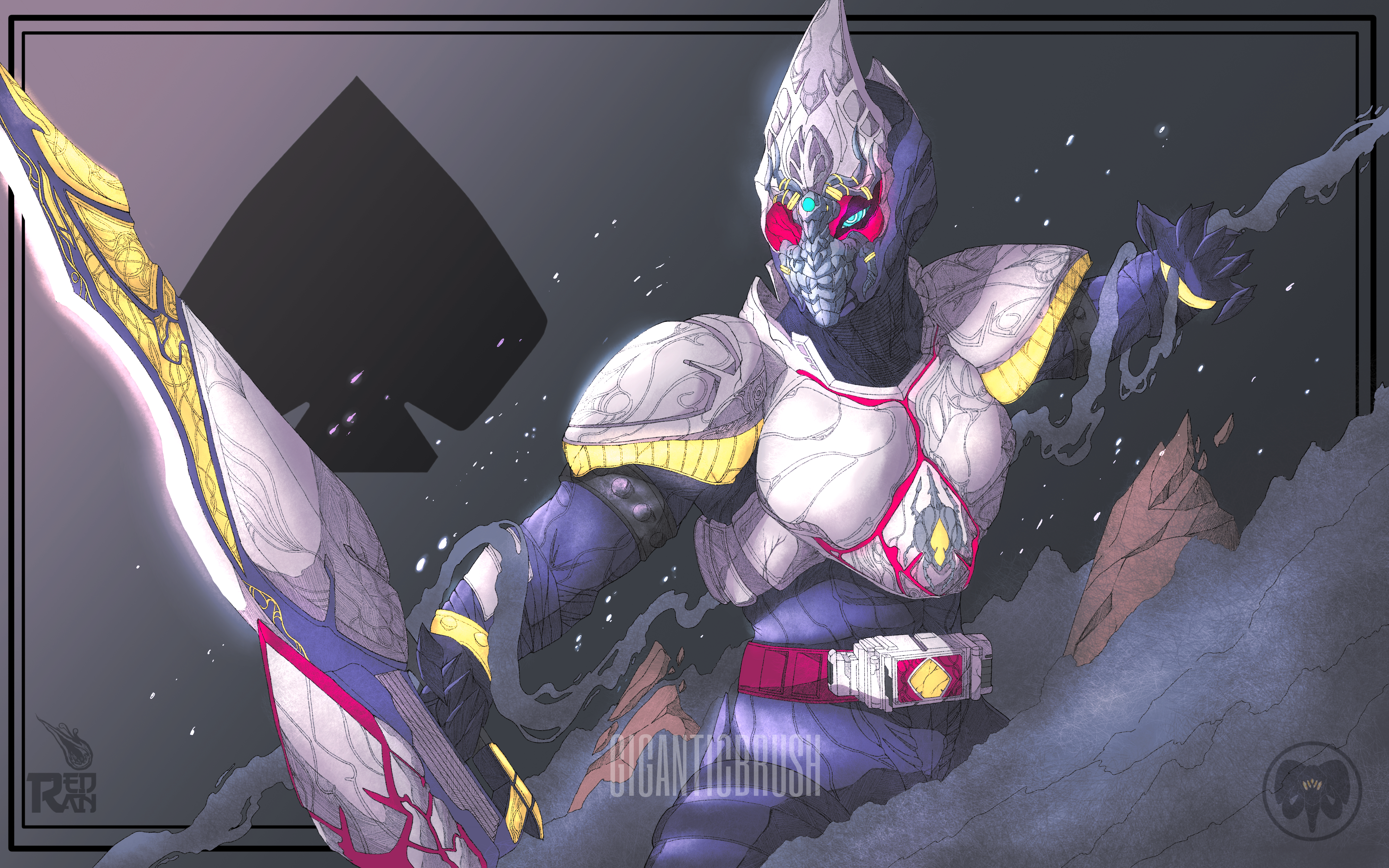 1boy absurdres armor artist_name belt blue_bodysuit bodysuit contrapposto giganticbrush helmet highres holding holding_sword holding_weapon kamen_rider kamen_rider_blade kamen_rider_blade_(series) looking_at_viewer male_focus mask open_hand red_eyes solo spade_(shape) standing sword tokusatsu weapon