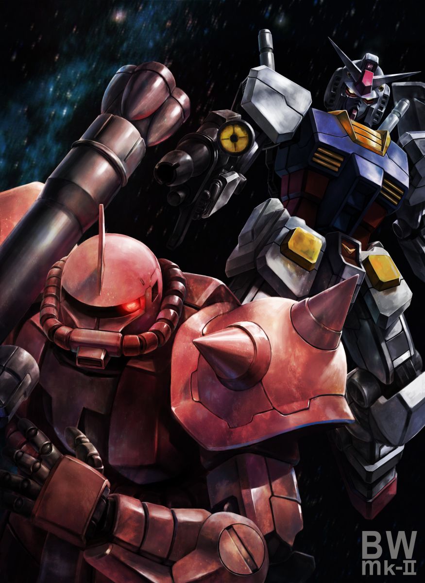 artist_name beam_rifle bwmk2 energy_gun gun gundam highres mecha mobile_suit_gundam robot rocket_launcher rx-78-2_gundam space weapon zaku zaku_ii zaku_ii_s_char_custom