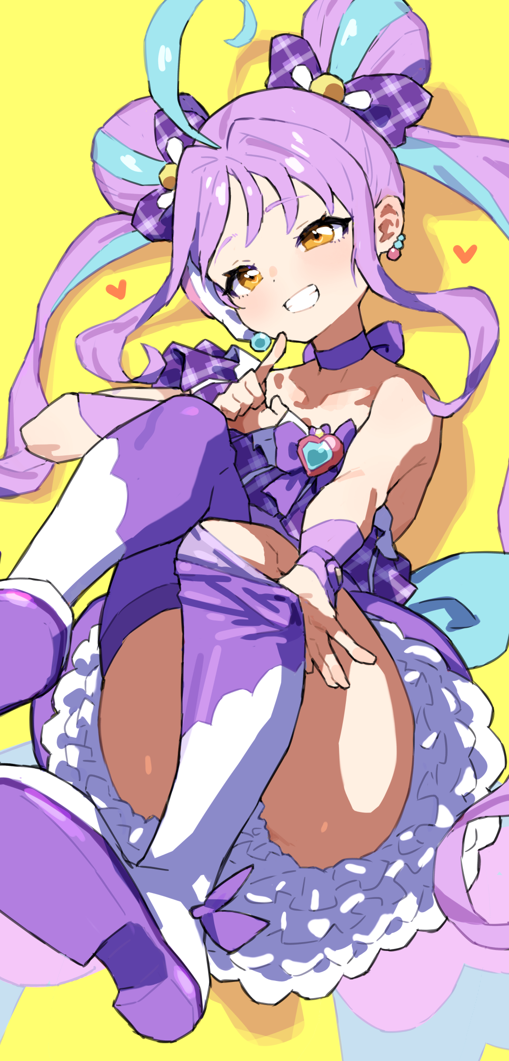 1girl ahoge blue_hair boots breasts choker closed_mouth commentary_request cure_kyunkyun dress frilled_dress frills heart highres kimi_to_idol_precure long_hair mo_(boo1719501boo) multicolored_hair precure purple_choker purple_dress purple_hair purple_thighhighs shigure_kokoro small_breasts smile solo thigh_boots thighhighs twintails two-tone_hair very_long_hair white_boots yellow_eyes