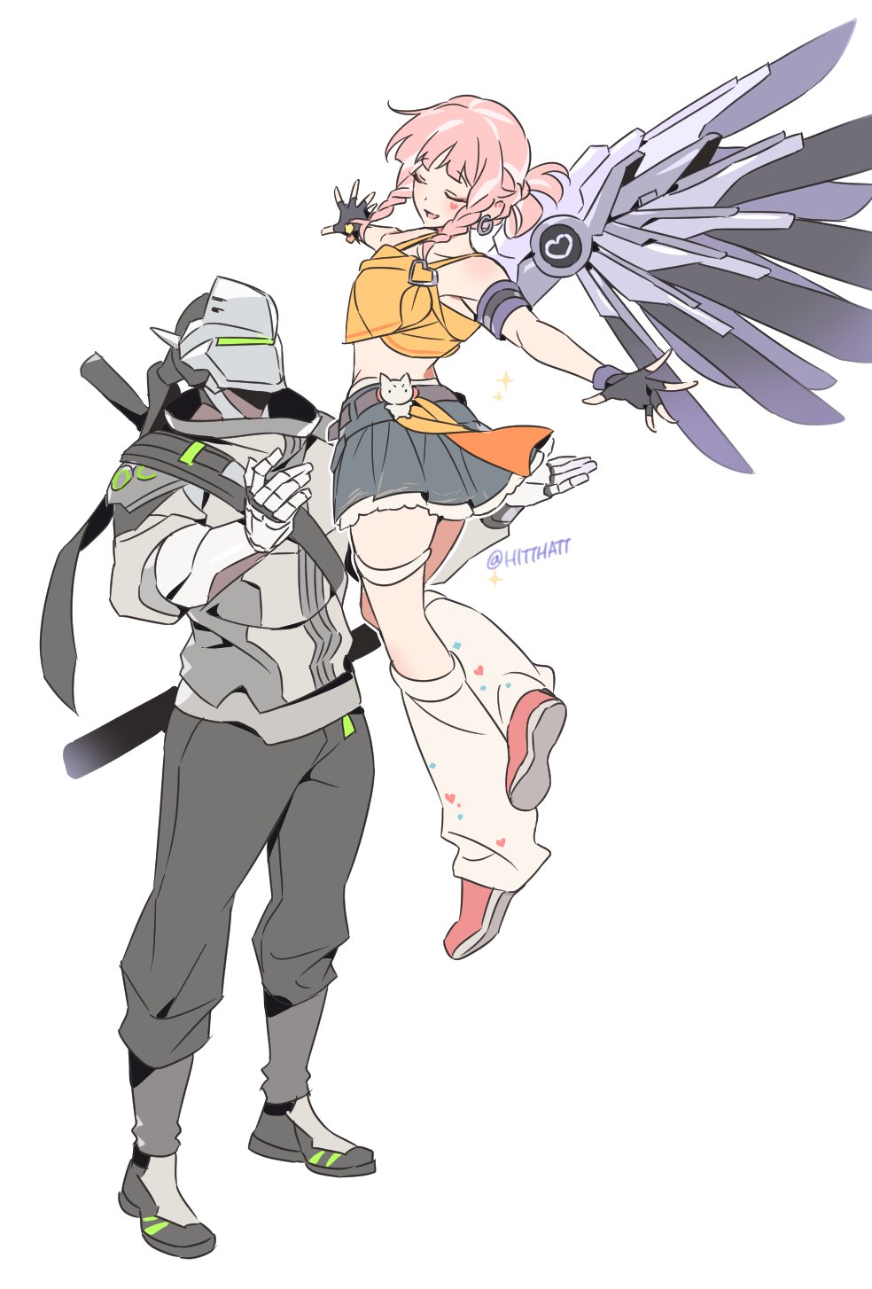 1boy 1girl belt braid catching cyborg earrings fearless_mercy fingerless_gloves flying genji_(overwatch) gloves half_up_braid highres hitthat hoop_earrings jewelry loose_socks mechanical_wings mercy_(overwatch) outstretched_arms pink_hair pink_shoes shoes skirt socks sparkle spread_arms stuffed_animal stuffed_toy twin_braids wings