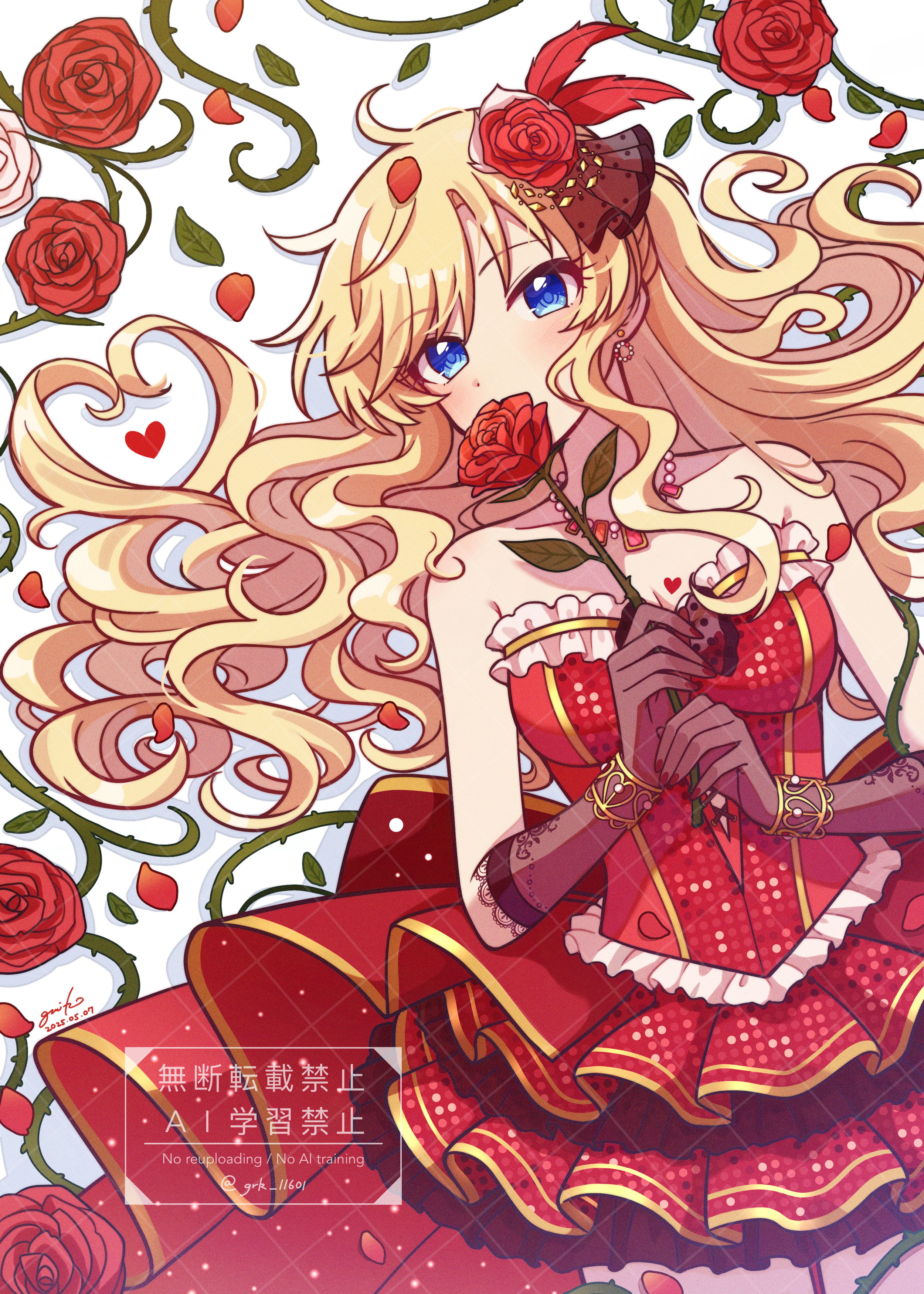 1girl absurdres blonde_hair blue_eyes blush breasts brown_gloves collarbone commentary_request covered_mouth dress flower gloves grk_11601 hair_flower hair_ornament hair_spread_out heart heart-shaped_hair highres holding holding_flower idol_clothes idolmaster idolmaster_cinderella_girls idolmaster_cinderella_girls_starlight_stage layered_dress long_hair looking_at_viewer lying medium_breasts official_alternate_costume ohtsuki_yui on_back petals red_dress red_flower red_rose rose rose_petals solo strapless strapless_dress very_long_hair watermark