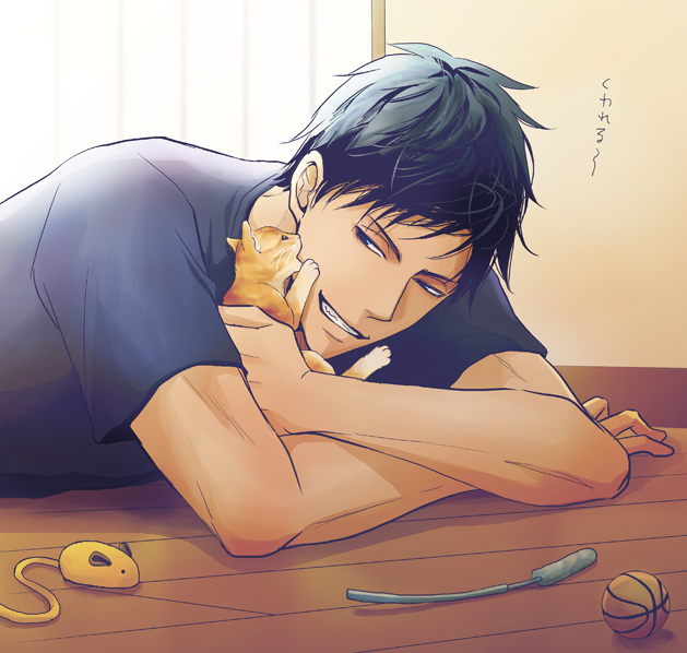 1boy a_jou animal aomine_daiki ball basketball_(object) biting biting_cheek black_hair blue_eyes blue_shirt cat cat_teaser commentary_request crossed_arms curtains grin holding holding_animal holding_cat kitten kuroko_no_basuke looking_at_animal male_focus orange_cat paw_up shirt short_hair short_sleeves smile solo t-shirt teeth toy_mouse whiskers wooden_floor
