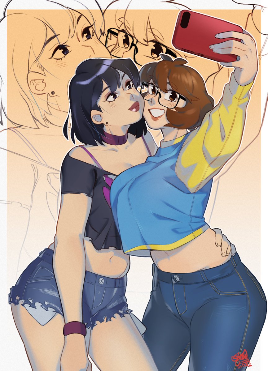 2girls artist_name black_eyes black_hair black_shirt blue_pants blue_shorts blue_sweater bra breasts choker collarbone commentary commission commissione cropped_shirt cropped_sweater dated denim denim_shorts earrings english_commentary glasses groin hair_behind_ear highres jeans jewelry large_breasts medium_breasts multiple_girls navel off-shoulder_shirt off_shoulder original pants purple_bra purple_choker red_lips selfie shirt short_hair short_shorts shorts smile snowcie snowciel_(snowcie) sweater torn_clothes torn_shirt torn_shorts two-tone_sweater underwear wristband yellow_sweater zoom_layer