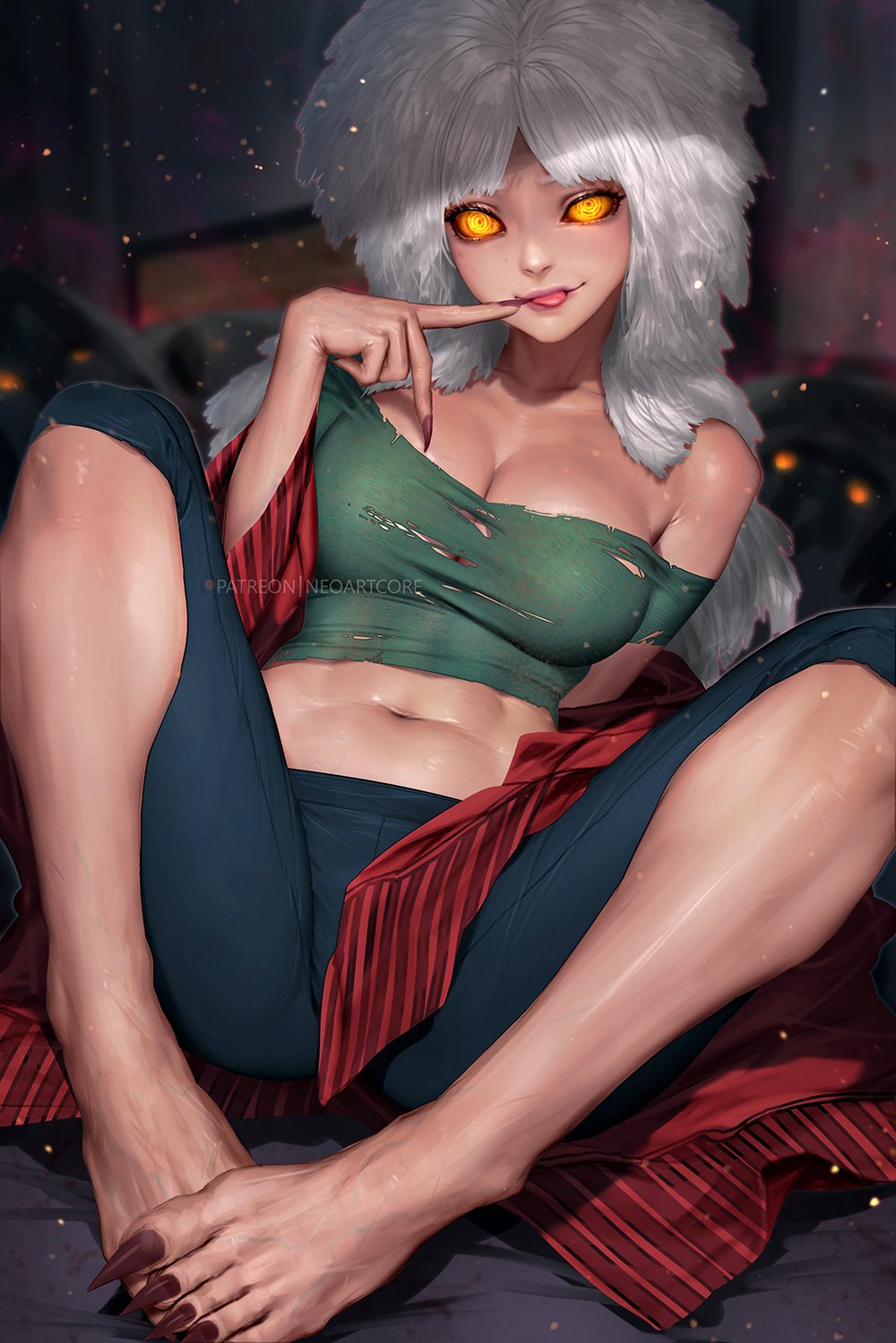 1girl :p black_pants breasts clawed_feet cleavage collarbone dandadan eyelashes glowing glowing_eyes green_shirt highres long_hair midriff navel neoartcore pants shirt solo tongue tongue_out torn_clothes torn_shirt turbo_granny_(dandadan) veiny_feet white_hair yellow_eyes