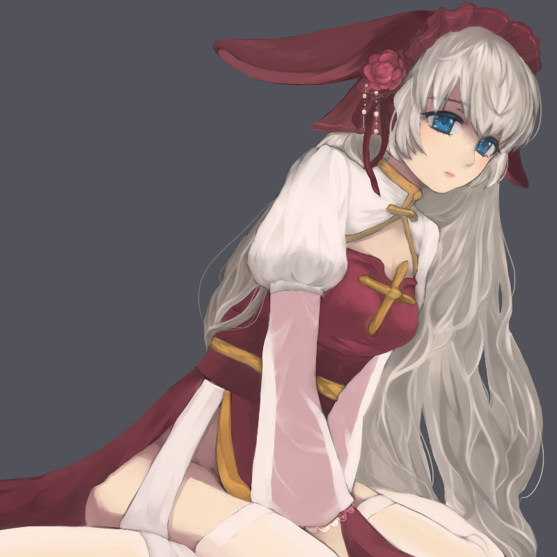 1girl arch_bishop_(ragnarok_online) blue_eyes cleavage_cutout closed_mouth clothing_cutout commentary_request cross draw2_(milkcrown) dress expressionless feet_out_of_frame grey_background headscarf juliet_sleeves long_hair long_sleeves looking_afar no_panties puffy_sleeves ragnarok_online red_dress red_headscarf red_sash sash simple_background sitting solo thighhighs two-tone_dress very_long_hair wariza white_dress white_hair white_thighhighs