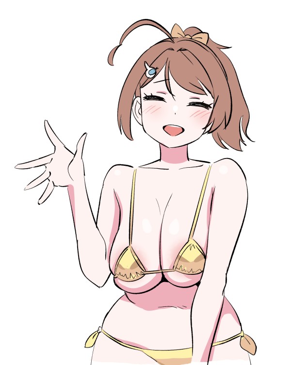 1girl ahoge alternate_costume alternate_hairstyle bikini breasts brown_hair chougei_(kancolle) cleavage gold_bikini hair_ornament kantai_collection large_breasts medium_breasts micro_bikini ponytail side-tie_bikini_bottom simple_background solo swimsuit tamu_(mad_works) waving whale_hair_ornament white_background