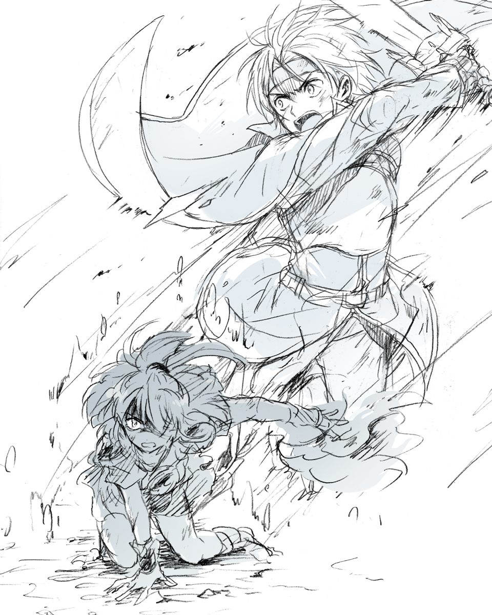 1boy 1girl arle_nadja armor cape fire gloves greyscale hair_over_one_eye hana_(mew) headband highres holding holding_sword holding_weapon kneeling madou_monogatari monochrome motion_lines open_mouth ponytail puyopuyo pyrokinesis schezo_wegey short_hair sketch sword weapon