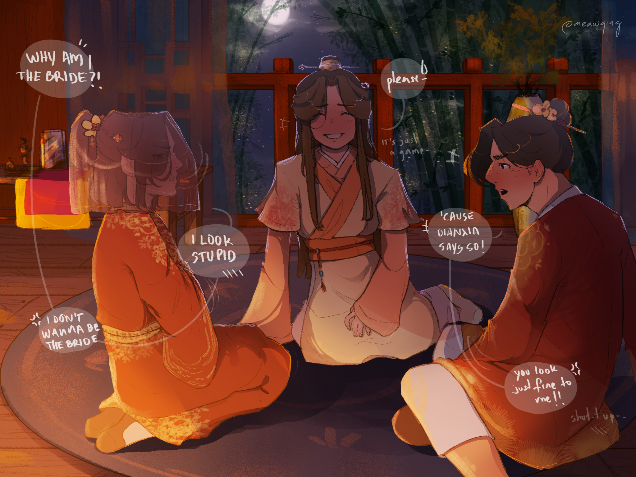 3boys androgynous anger_vein balcony belt black_eyes black_hair brown_hair chinese_clothes chinese_hairpin chinese_wedding closed_eyes commentary crossdressing crossed_arms english_commentary english_text feng_xin flower frown gold_trim hair_flower hair_ornament hanfu highres honggaitou kneeling long_hair long_sleeves male_focus meawqing mu_qing_(tianguan_cifu) multiple_boys night open_mouth outdoors parted_bangs prince railing red_flower red_hanfu red_veil smile speech_bubble spoken_anger_vein spoken_sweatdrop sweatdrop tassel tianguan_cifu veil white_flower white_hanfu wide_sleeves wooden_floor xiao_guan_(headdress) xie_lian xie_lian_(flower_crowned_martial_god) yaoi