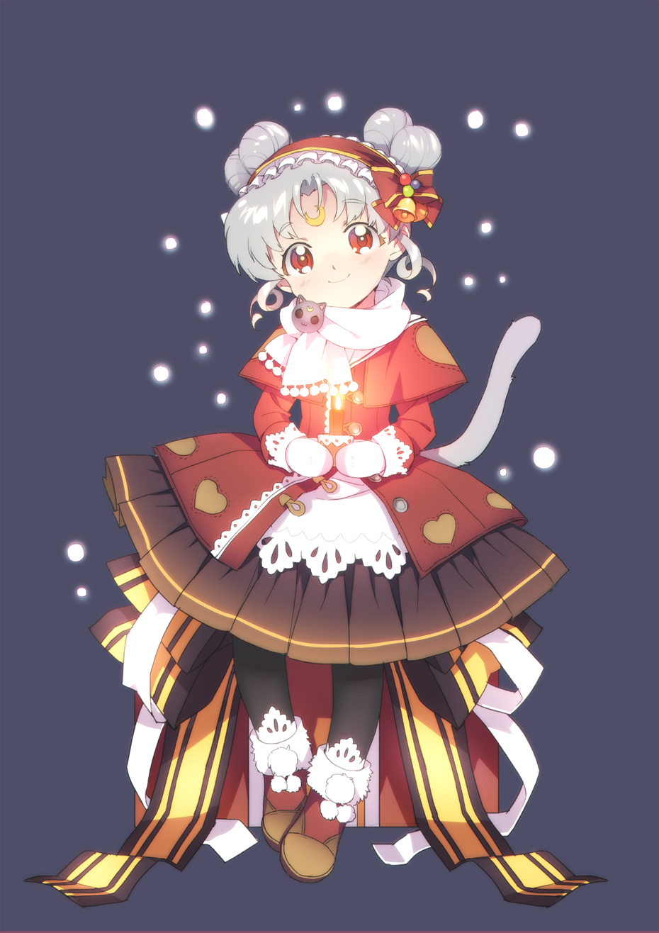 1girl albino bishoujo_senshi_sailor_moon bishoujo_senshi_sailor_moon_stars bishoujo_senshi_sailor_moon_supers black_dress black_pantyhose blue_background bow candle cat_tail christmas crescent crescent_facial_mark diana_(sailor_moon) diana_(sailor_moon)_(human) double_bun dress ecoliff facial_mark female_focus forehead_mark frills full_body gloves grey_hair hair_bow hair_bun hairband highres jacket pantyhose red_eyes scarf shoes short_hair sitting smile snow solo tail