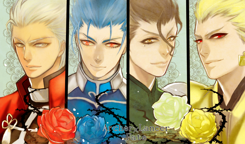 4boys archer_(fate) black_hair blonde_hair blue_flower blue_hair blue_rose brown_eyes cu_chulainn_(fate) cu_chulainn_(fate/stay_night) diarmuid_ua_duibhne_(fate) diarmuid_ua_duibhne_(lancer)_(fate) earrings fate/stay_night fate/zero fate_(series) flower gilgamesh_(fate) green_flower green_rose grey_eyes hair_slicked_back jewelry jun_(ash) male_focus mole mole_under_eye multiple_boys red_eyes red_flower red_rose rose white_hair yellow_eyes yellow_flower yellow_rose