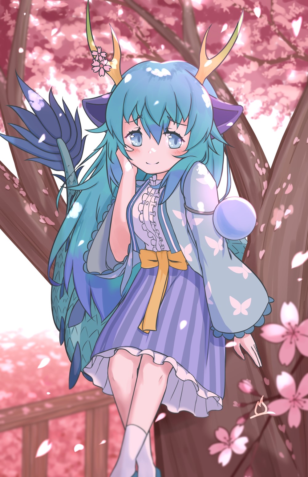 1girl animal_ears blue_dragon_(kemono_friends) blue_eyes blue_hair blush breasts cherry_blossoms dragon_ears dragon_girl dragon_horns dragon_tail dress extra_ears hair_between_eyes highres horns kemono_friends kemono_friends_3 large_breasts long_hair looking_at_viewer multicolored_horns onefiresticks pink_horns socks solo tail yellow_horns