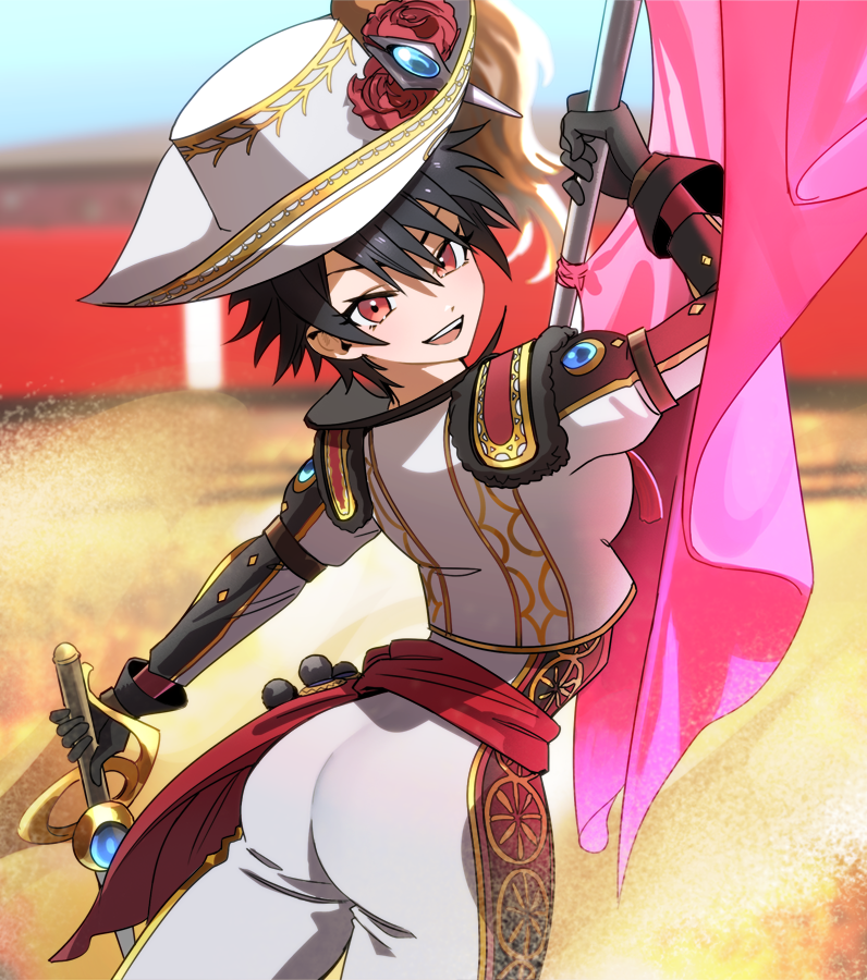 1girl :d arched_back ass black_gloves black_hair blue_sky blurry blurry_background breasts bullfighting commentary_request cowboy_shot cropped_jacket depth_of_field dirt_floor dust flower from_behind gloves hair_between_eyes hat hat_feather hat_flower holding holding_sword holding_weapon jacket looking_at_viewer looking_back matador medium_breasts megido72 muleta open_mouth outdoors pants partial_commentary red_eyes red_flower red_sash sash short_hair sky smile solo souma_(soumadian) stadium standing sword teeth tomboy upper_teeth_only very_short_hair weapon white_hat white_jacket white_pants zagan_(megido72)