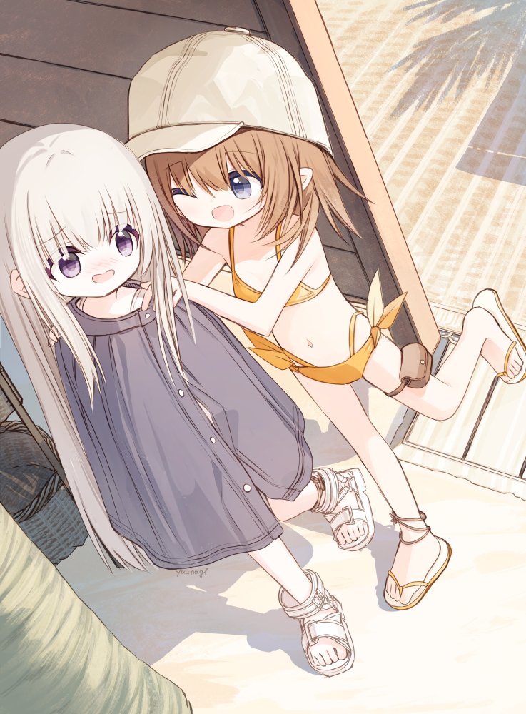 2girls ;d bare_arms bare_shoulders baseball_cap bikini blue_eyes blush breasts brown_hair commentary from_above grey_hair hair_between_eyes hands_on_another&#039;s_shoulders hat multiple_girls navel nose_blush one_eye_closed open_mouth original pointy_ears purple_eyes sandals shadow side-tie_bikini_bottom small_breasts smile standing standing_on_one_leg swimsuit symbol-only_commentary wavy_mouth white_footwear white_hat wrap_towel yellow_bikini yuuhagi_(amaretto-no-natsu)