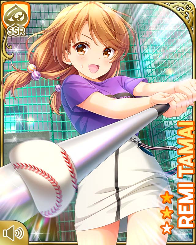 1girl :d bare_arms bare_legs baseball baseball_bat batting_cage brown_eyes brown_hair card_(medium) day dutch_angle facing_viewer female_focus girlfriend_(kari) indoors looking_at_viewer low_twintails official_art open_mouth purple_shirt qp:flapper shirt skirt smile solo standing tamai_remi twintails white_skirt