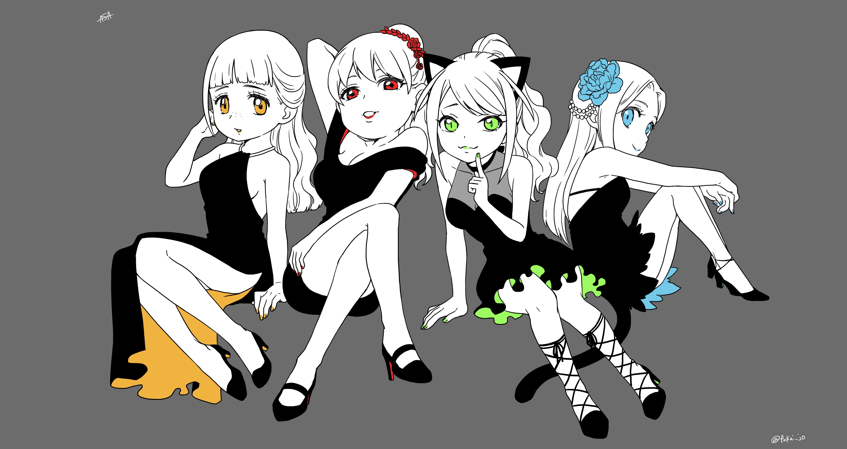 arms_on_knees black_dress blue_flower breasts cleavage crossed_legs dress fishnets flower flower_fairy_(osomatsu-kun) fukai_(yas_lions) hashimoto_nyaa high_heels highres jyushimatsu&#039;s_girlfriend large_breasts osomatsu-san osomatsu_(series) red_lips side_slit sitting small_breasts spot_color yowai_totoko