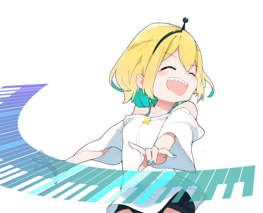 1girl :d ^_^ amano_pikamee black_hairband black_shorts blonde_hair closed_eyes colored_inner_hair commentary commentary_request english_commentary green_hair green_nails hairband holographic_keyboard instrument keyboard_(instrument) mixed-language_commentary multicolored_hair music off-shoulder_shirt off_shoulder open_mouth playing_instrument ryo_(ryo_skrdi) sharp_teeth shirt short_hair shorts smile solo teeth transparent_background upper_body upper_teeth_only virtual_youtuber voms white_shirt wide_sleeves