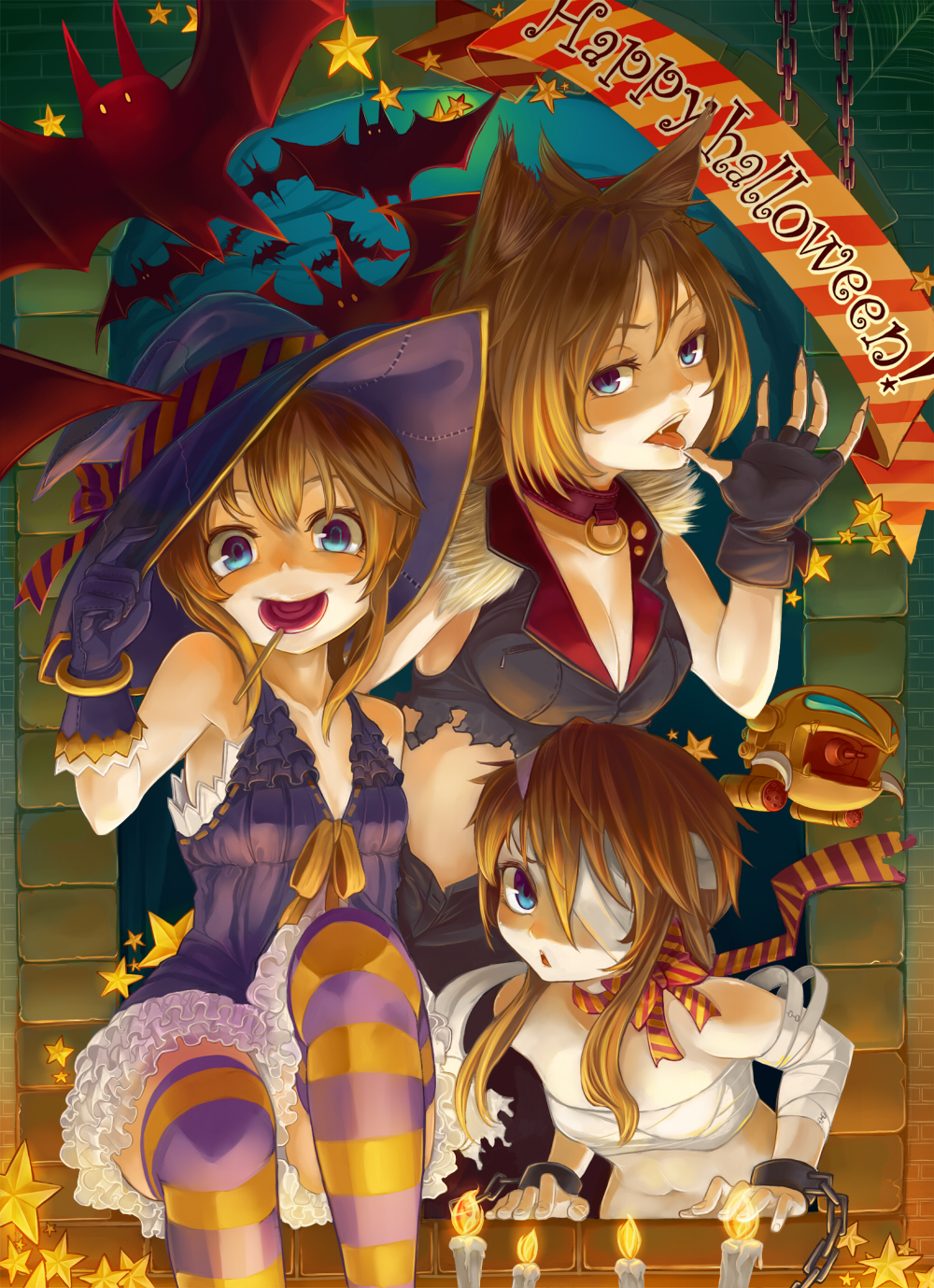 3girls animal_ears bandages bat_(animal) blue_eyes breasts candy chain cleavage collar dress elpeo_puru fang fingerless_gloves flat_chest food gloves gundam gundam_unicorn gundam_zz halloween hat highres konnyaku konnyaku_(kk-monmon) licking licking_finger lollipop marida_cruz midriff multiple_girls navel orange_hair puru_two striped_legwear thighhighs witch_hat zakrello
