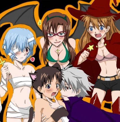 2boys 3girls animal_ears ayanami_rei bat_wings black_hair blue_eyes blush bra breasts brown_hair cape cat_ears cleavage cosplay cross custom glasses hat headband holding ikari_shinji lying makinami_mari_illustrious multiple_boys multiple_girls mummy nagisa_kaworu navel neon_genesis_evangelion red_eyes shorts skirt souryuu_asuka_langley standing tagme underwear vampire white_hair wings witch_hat