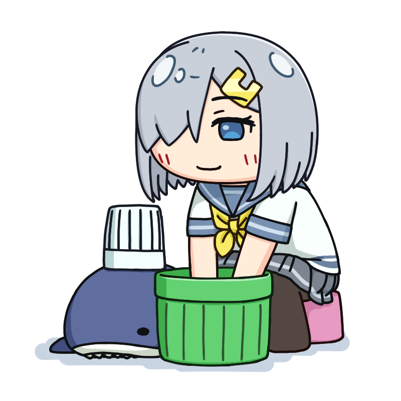 1girl basin black_pantyhose blue_eyes chef_hat commentary_request grey_hair grey_sailor_collar grey_skirt hair_ornament hair_over_one_eye hairclip hama!_(3toshinhmkz) hamakaze_(kancolle) hat kantai_collection neckerchief no_nose pantyhose pleated_skirt sailor_collar school_uniform serafuku short_hair simple_background skirt solo stuffed_animal stuffed_shark stuffed_toy toque_blanche white_background yellow_neckerchief